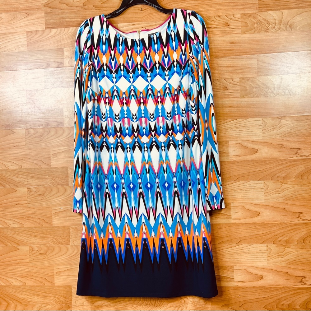 Vince Camuto Size 8 Multicolored Print Long Sleeve Back Zippered Lined D…